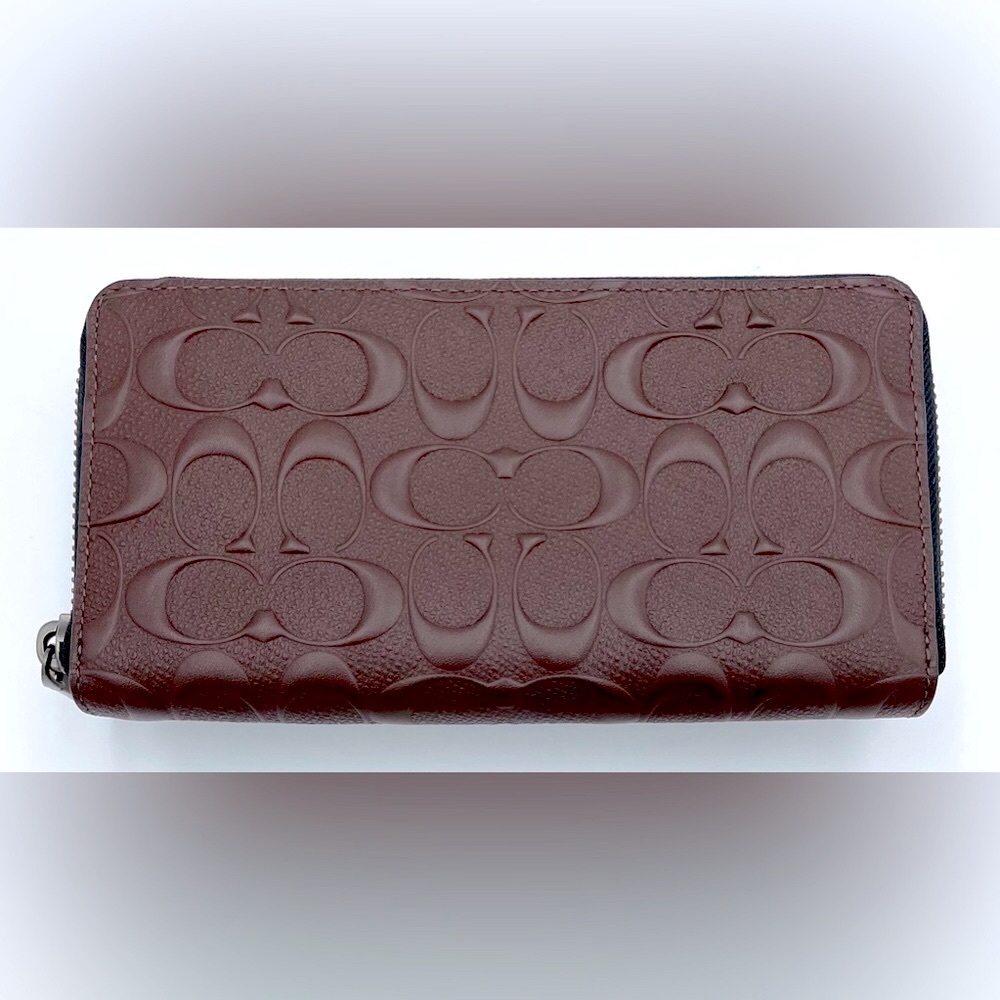 Coach Signature Mahogany Brown Leather Long Accordion Zip Wallet
